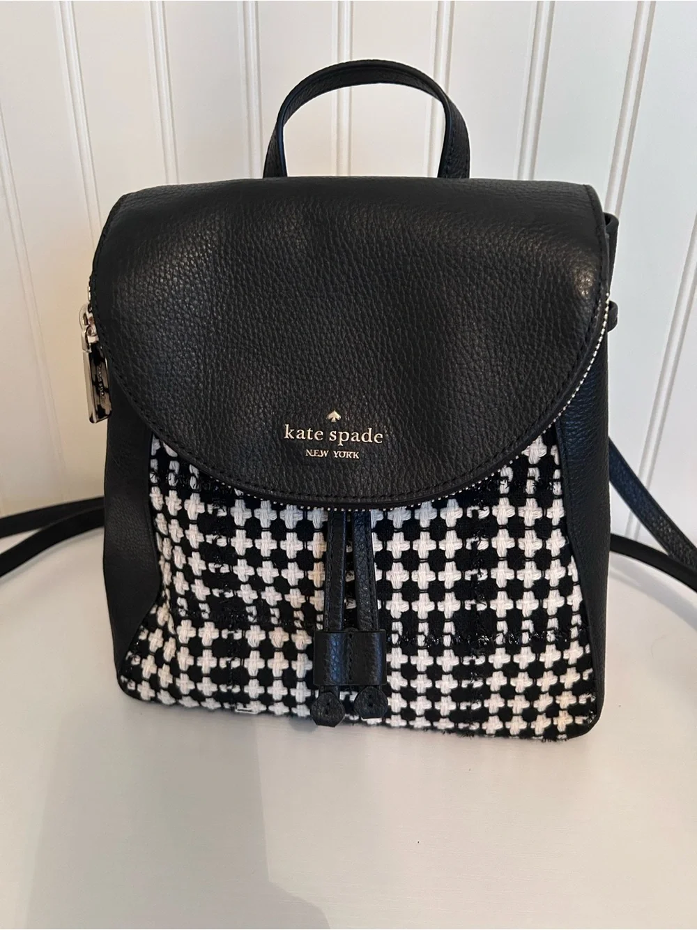 kate spade Black and White Houndstooth Leather-Trim Backpack